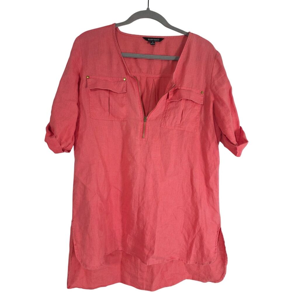 Ellen Tracy Pink Linen Tunic Blouse Quarter Zip Roll Tab Top Women’s Small Flowy